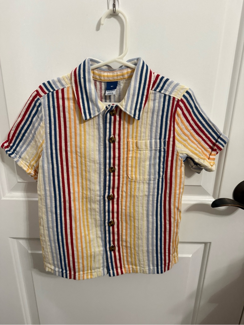 Old Navy Kids Short-Sleeve Striped Button-Down Shirt — Red, Blue, Yellow, White